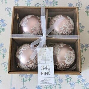 34th & Pine Pink White Glass Christmas Ornaments Set 4 Glitter Lace Vintage NEW